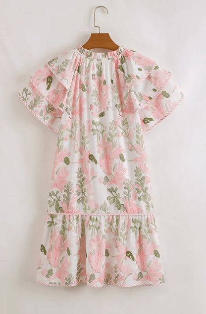 Vestido corto con estampado floral y mangas con volantes para mujer-Midi Dress-Casaluzia