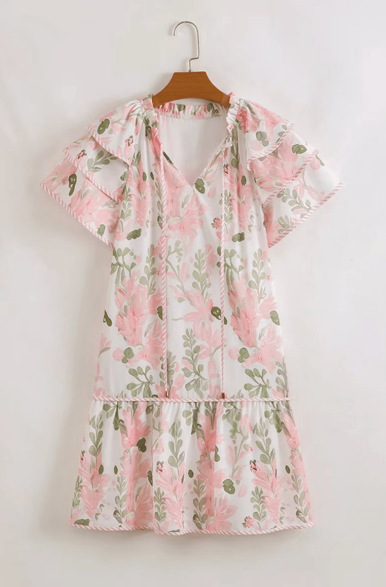 Vestido corto con estampado floral y mangas con volantes para mujer-Mini Dress-Casaluzia