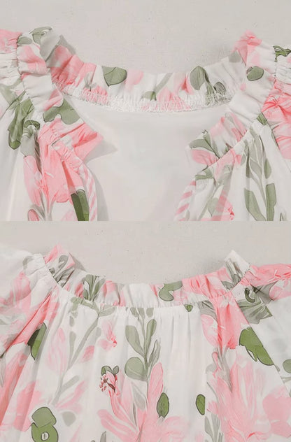 Vestido corto con estampado floral y mangas con volantes para mujer-Mini Dress-Casaluzia
