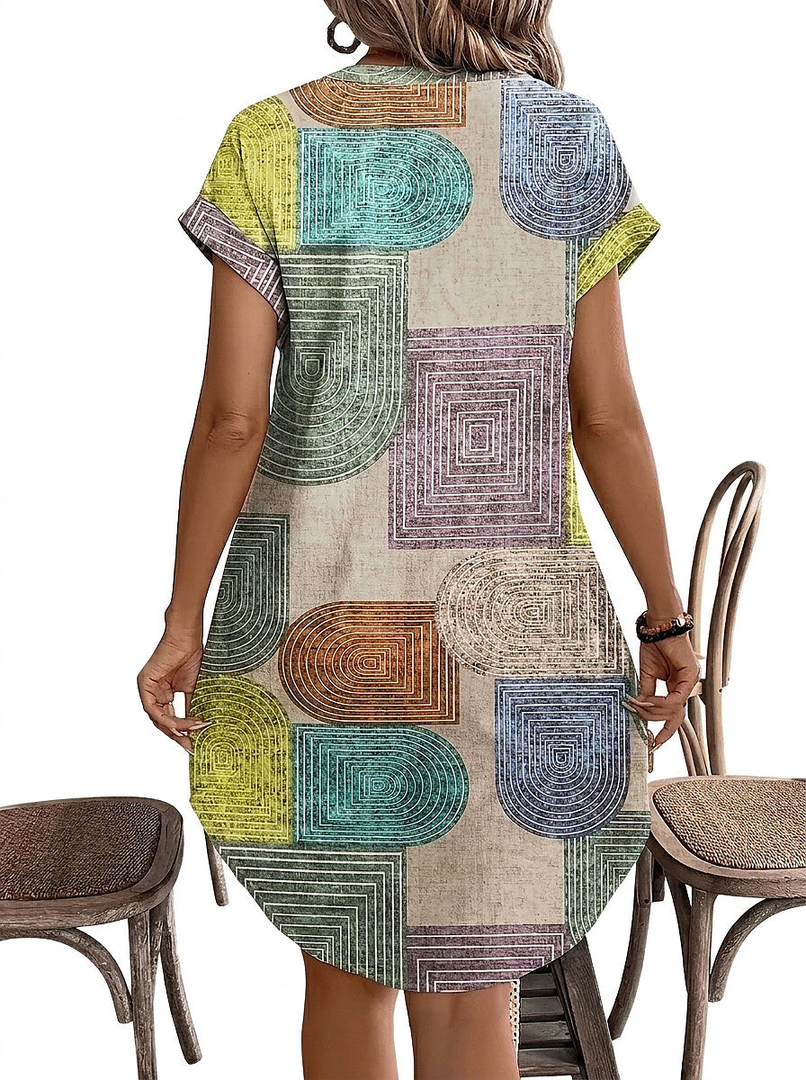 Vestido corto con estampado geométrico, cuello en V y botones frontales para mujer-Mini Dress-Casaluzia
