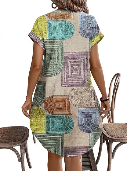 Vestido corto con estampado geométrico, cuello en V y botones frontales para mujer-Mini Dress-Casaluzia