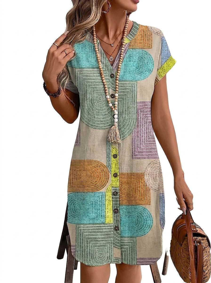 Vestido corto con estampado geométrico, cuello en V y botones frontales para mujer-Mini Dress-Casaluzia