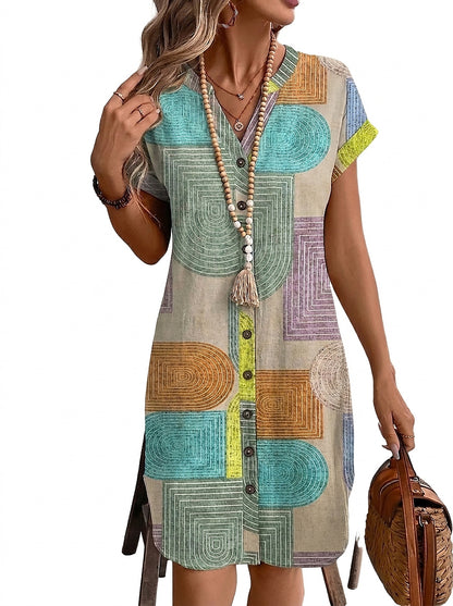 Vestido corto con estampado geométrico, cuello en V y botones frontales para mujer-Mini Dress-Casaluzia