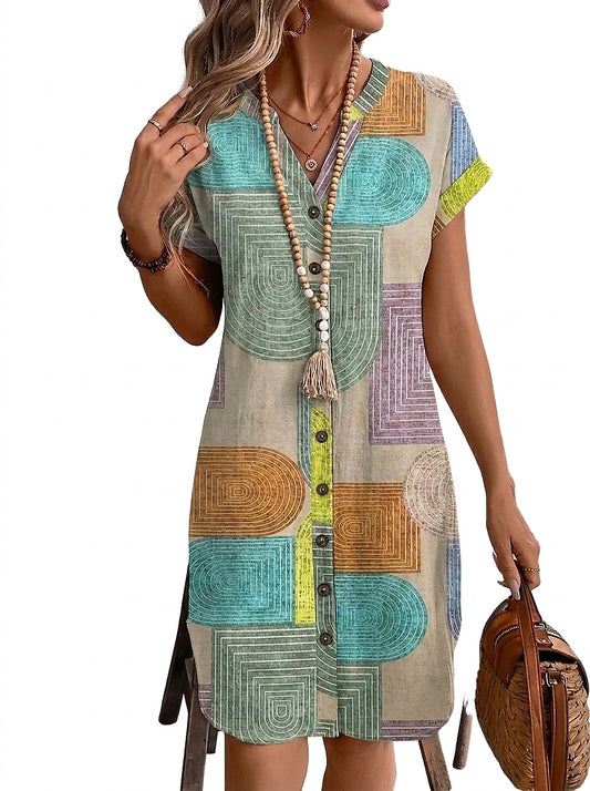 Vestido corto con estampado geométrico, cuello en V y botones frontales para mujer-Mini Dress-Casaluzia