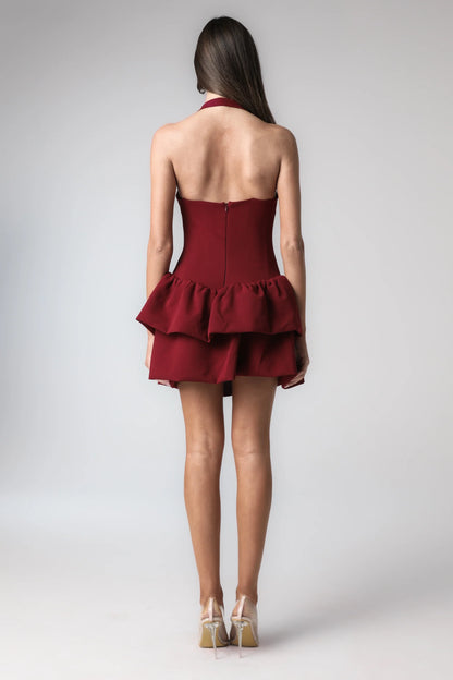 Vestido corto de mujer con cuello halter y falda con volantes-Mini Dress-Casaluzia