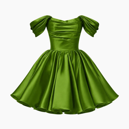Vestido corto de satén con hombros descubiertos para mujer-Mini Dress-Casaluzia
