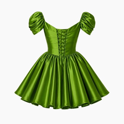 Vestido corto de satén con hombros descubiertos para mujer-Mini Dress-Casaluzia