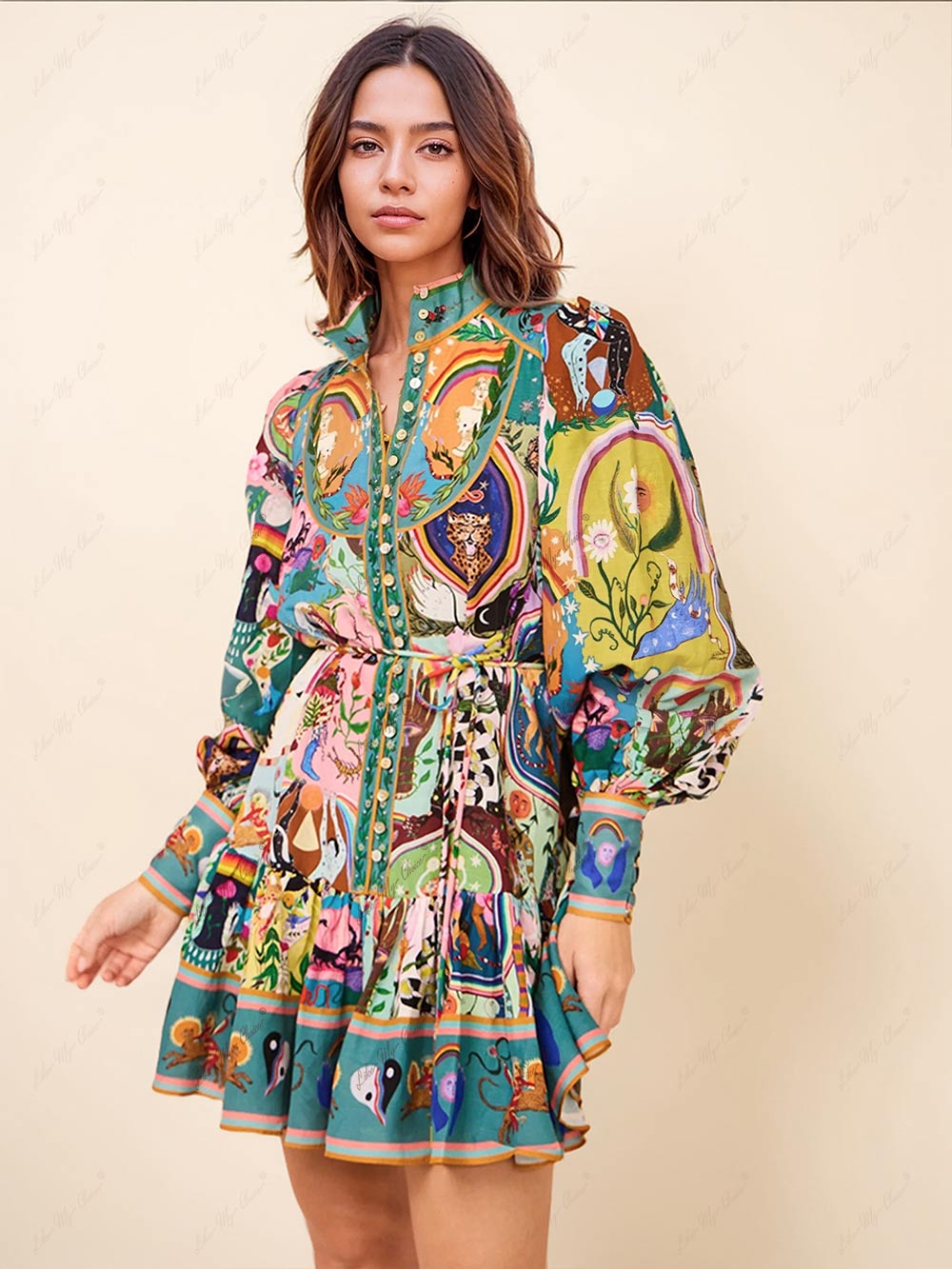 Vestido corto estampado de manga larga para mujer-Mini Dress-Casaluzia