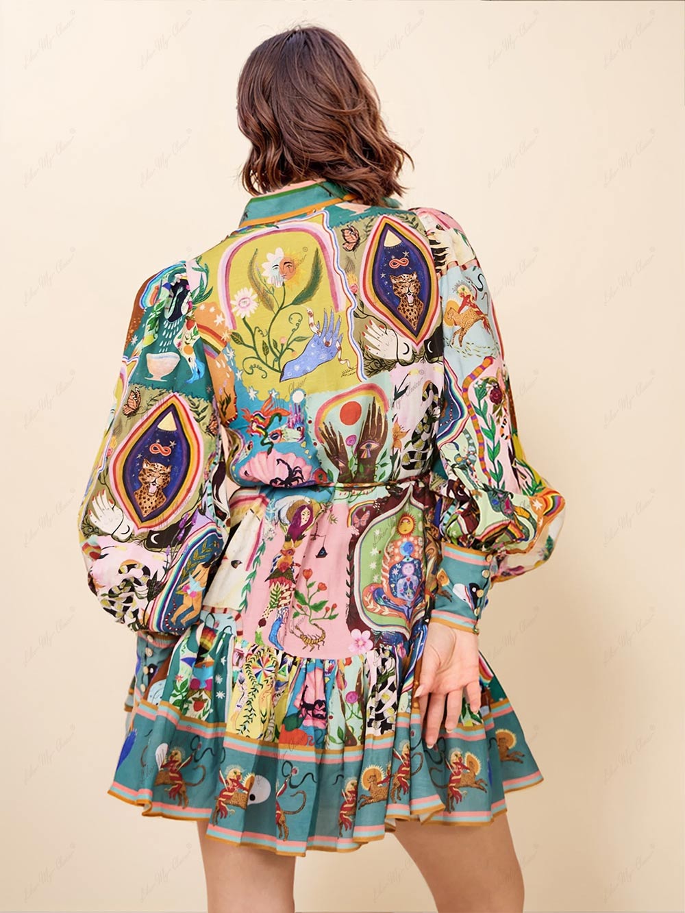 Vestido corto estampado de manga larga para mujer-Mini Dress-Casaluzia
