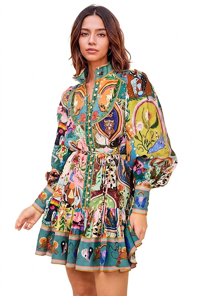 Vestido corto estampado de manga larga para mujer-Mini Dress-Casaluzia