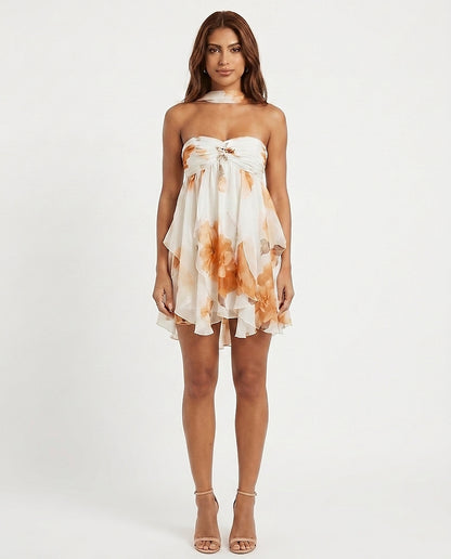Vestido corto floral sin tirantes para mujer-Mini Dress-Casaluzia