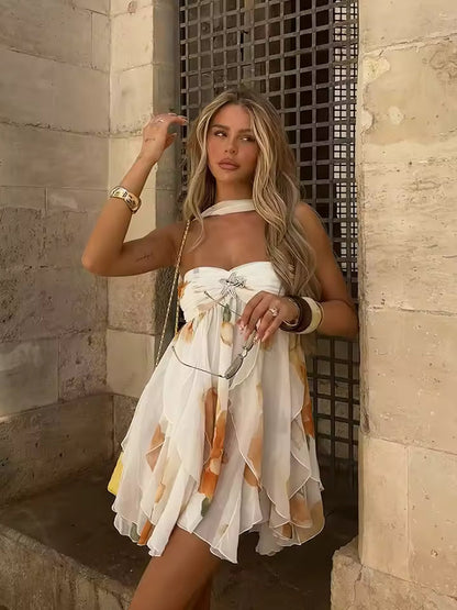 Vestido corto floral sin tirantes para mujer-Mini Dress-Casaluzia