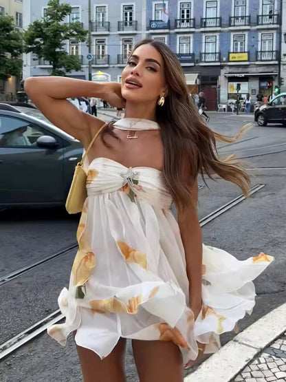 Vestido corto floral sin tirantes para mujer-Mini Dress-Casaluzia