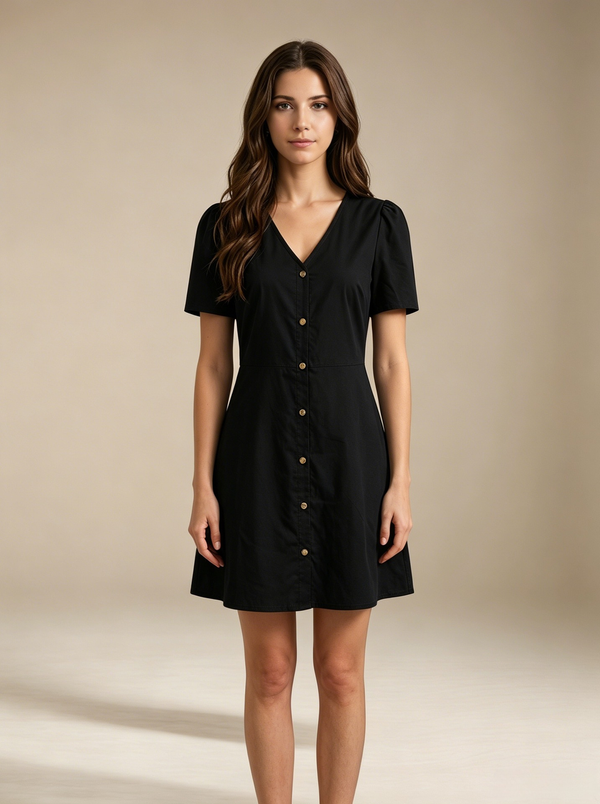Vestido corto para mujer con escote en V y botones frontales-Mini Dress-Casaluzia