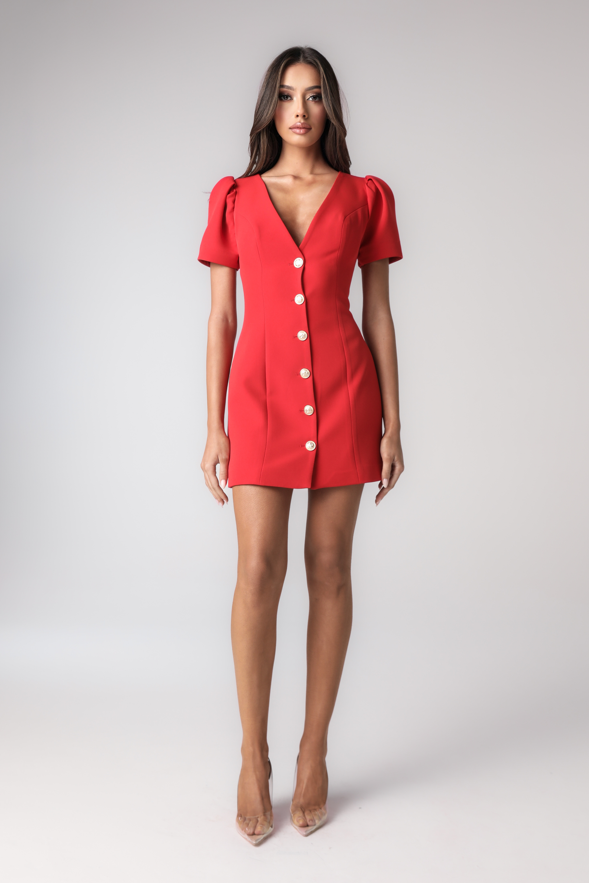 Vestido corto para mujer con escote en V y botones frontales-Mini Dress-Casaluzia