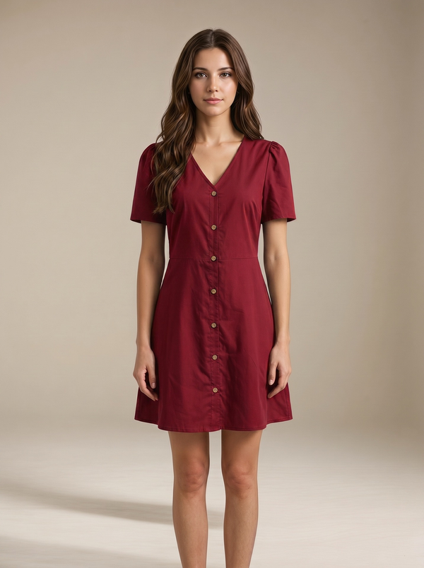 Vestido corto para mujer con escote en V y botones frontales-Mini Dress-Casaluzia
