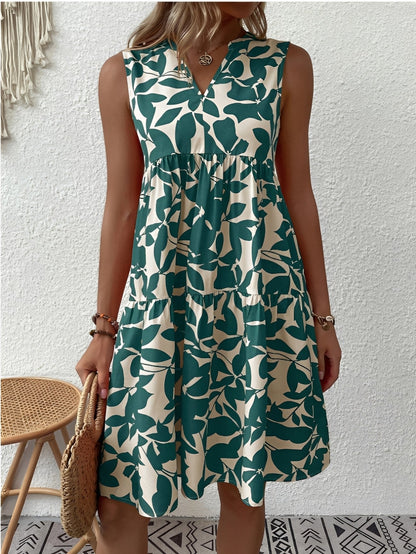 Vestido corto para mujer sin mangas con escote en V y falda en capas-Mini Dress-Casaluzia