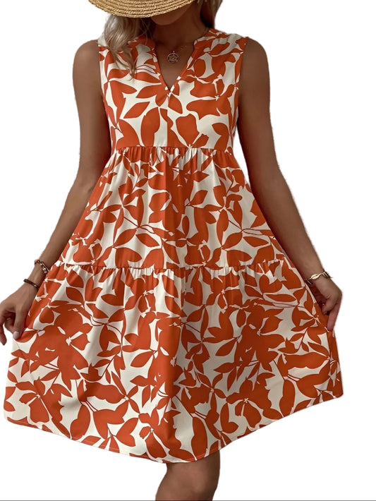 Vestido corto para mujer sin mangas con escote en V y falda en capas-Mini Dress-Casaluzia