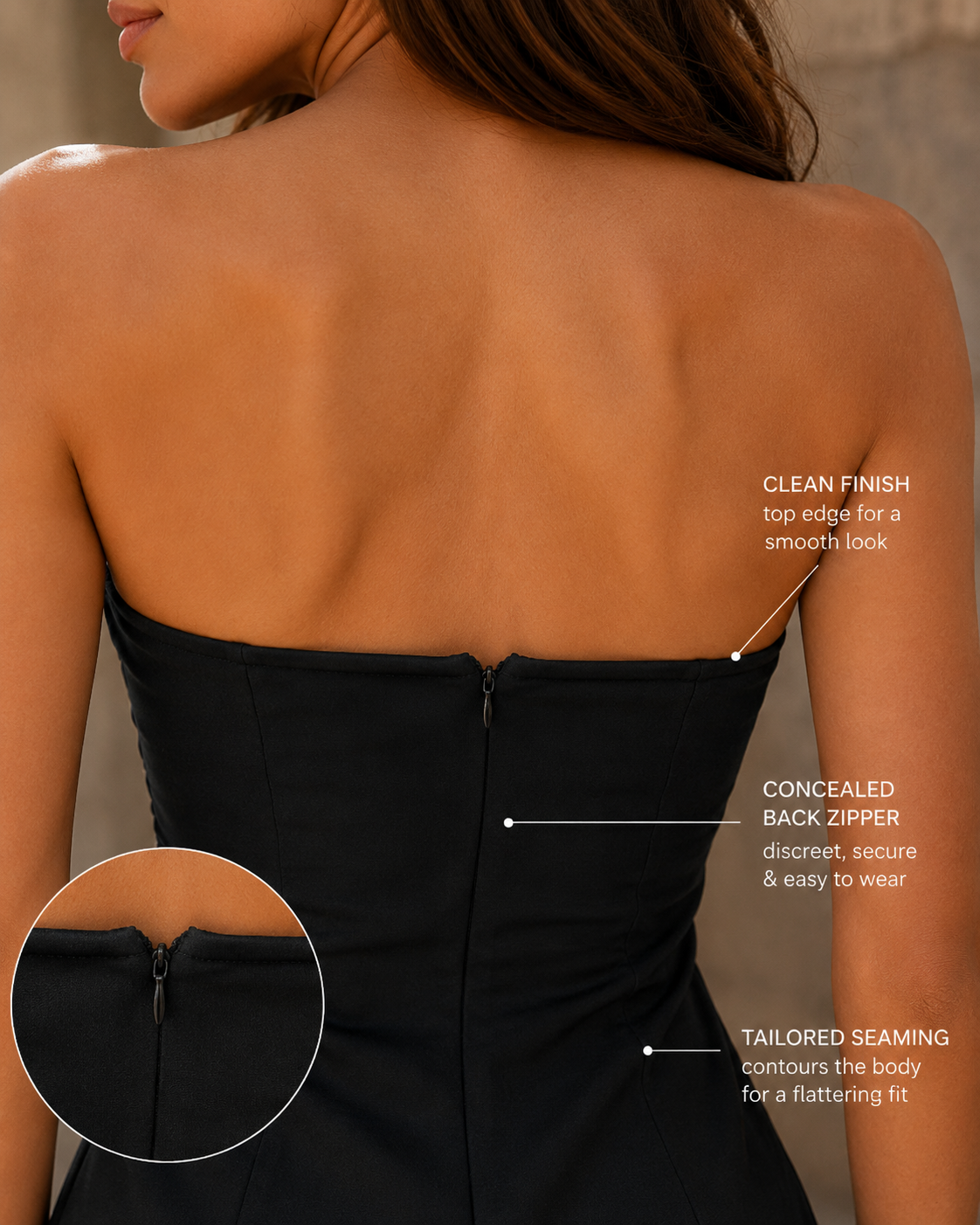 Vestido corto sin tirantes para mujer con paneles detallados-Mini Dress-Casaluzia