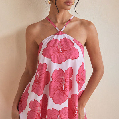 Vestido corto tipo halter con estampado floral para mujer-Mini Dress-Casaluzia