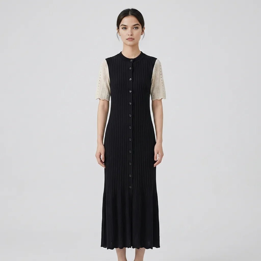 Vestido de mujer en punto acanalado con cuello y botones-Midi Dress-Casaluzia