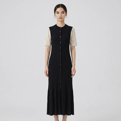 Vestido de mujer en punto acanalado con cuello y botones-Midi Dress-Casaluzia
