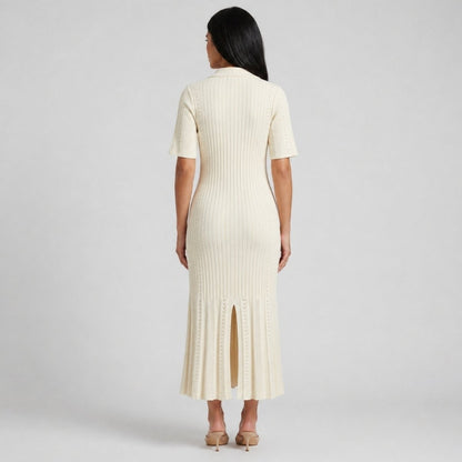 Vestido de mujer en punto acanalado con cuello y botones-Midi Dress-Casaluzia