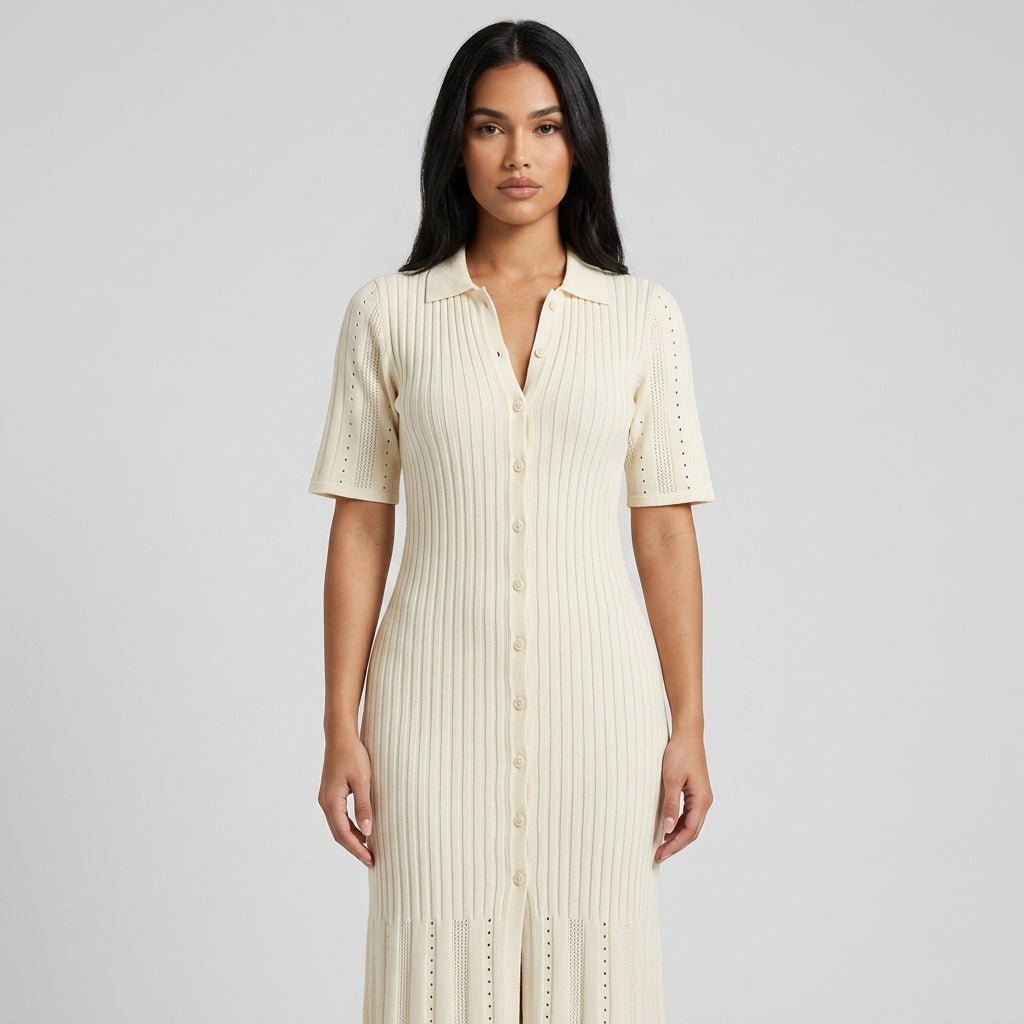 Vestido de mujer en punto acanalado con cuello y botones-Midi Dress-Casaluzia