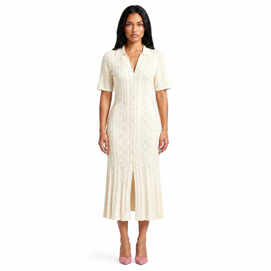 Vestido de mujer en punto acanalado con cuello y botones-Midi Dress-Casaluzia