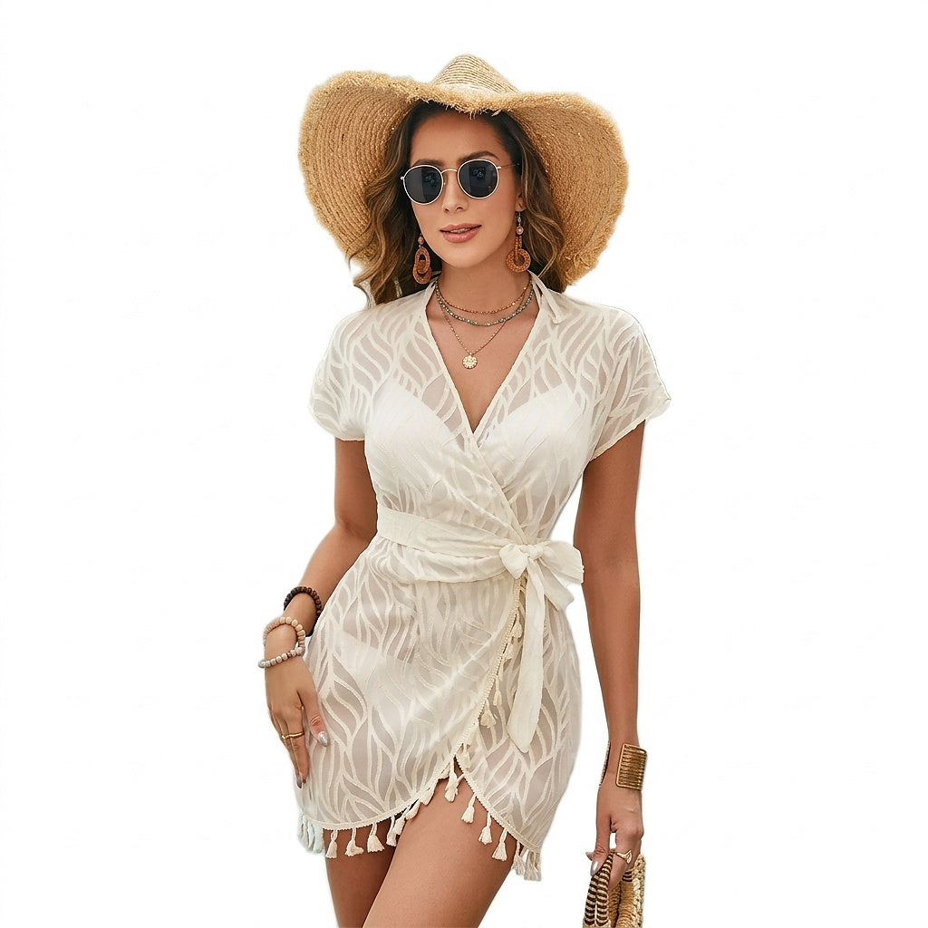 Vestido de Playa Cruzado con Borlas para Mujer-Sweaters for Women-Casaluzia