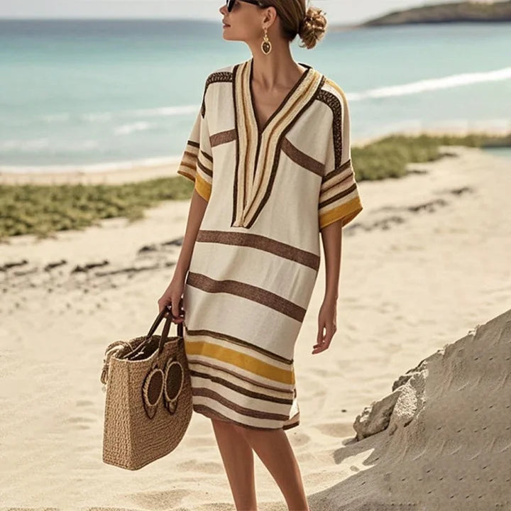 Vestido Kaftán a Rayas con Cuello en V para Mujer-Dresses-Casaluzia