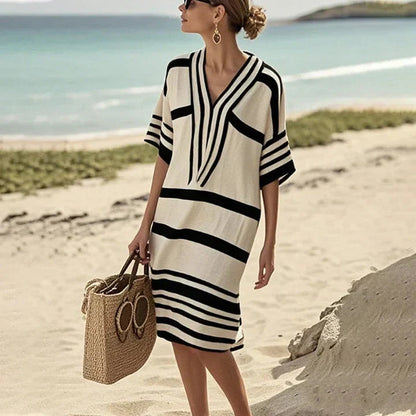 Vestido Kaftán a Rayas con Cuello en V para Mujer-Dresses-Casaluzia
