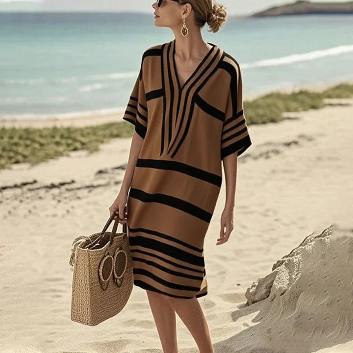 Vestido Kaftán a Rayas con Cuello en V para Mujer-Dresses-Casaluzia