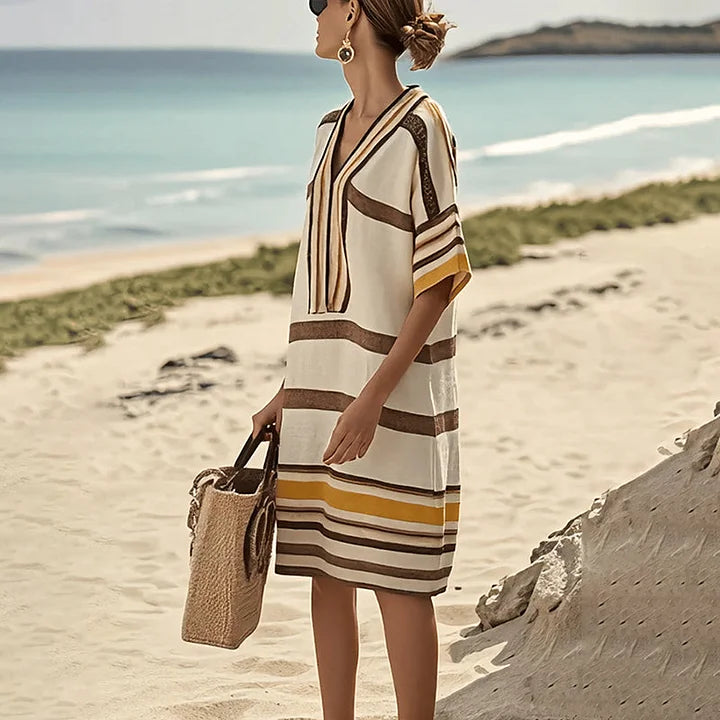 Vestido Kaftán a Rayas con Cuello en V para Mujer-Dresses-Casaluzia