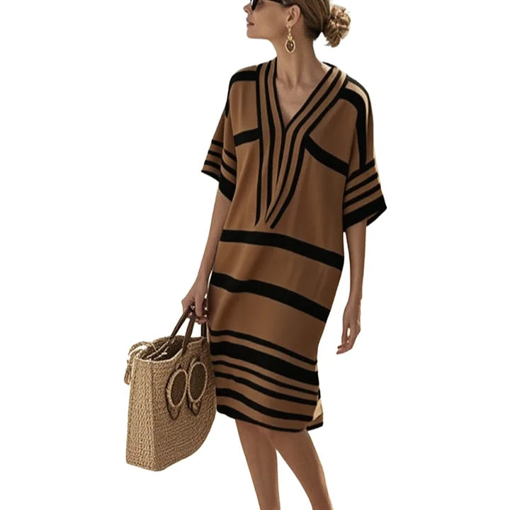 Vestido Kaftán a Rayas con Cuello en V para Mujer-Dresses-Casaluzia