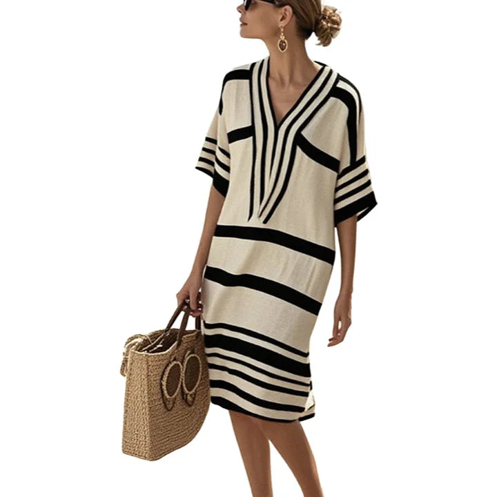Vestido Kaftán a Rayas con Cuello en V para Mujer-Dresses-Casaluzia