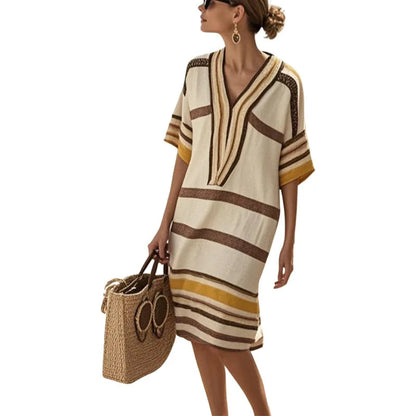Vestido Kaftán a Rayas con Cuello en V para Mujer-Dresses-Casaluzia