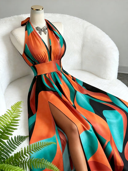 Vestido largo con cuello halter y estampado abstracto para mujer-Maxi Dress-Casaluzia