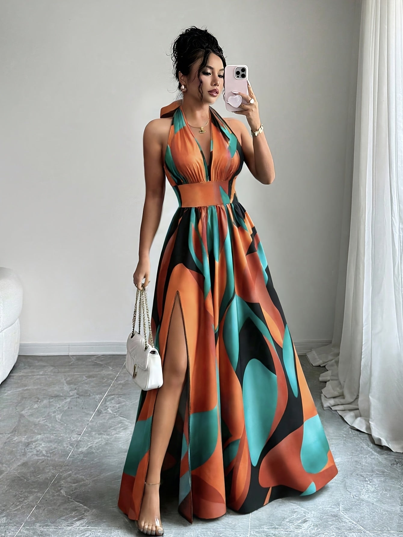 Vestido largo con cuello halter y estampado abstracto para mujer-Maxi Dress-Casaluzia