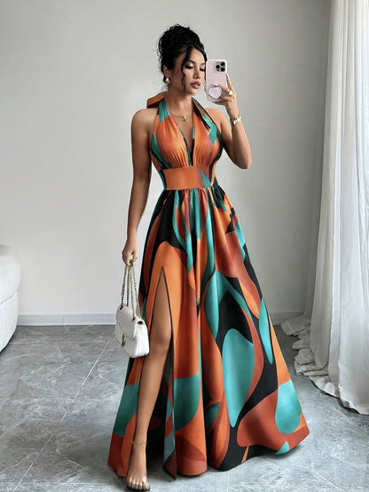 Vestido largo con cuello halter y estampado abstracto para mujer-Maxi Dress-Casaluzia