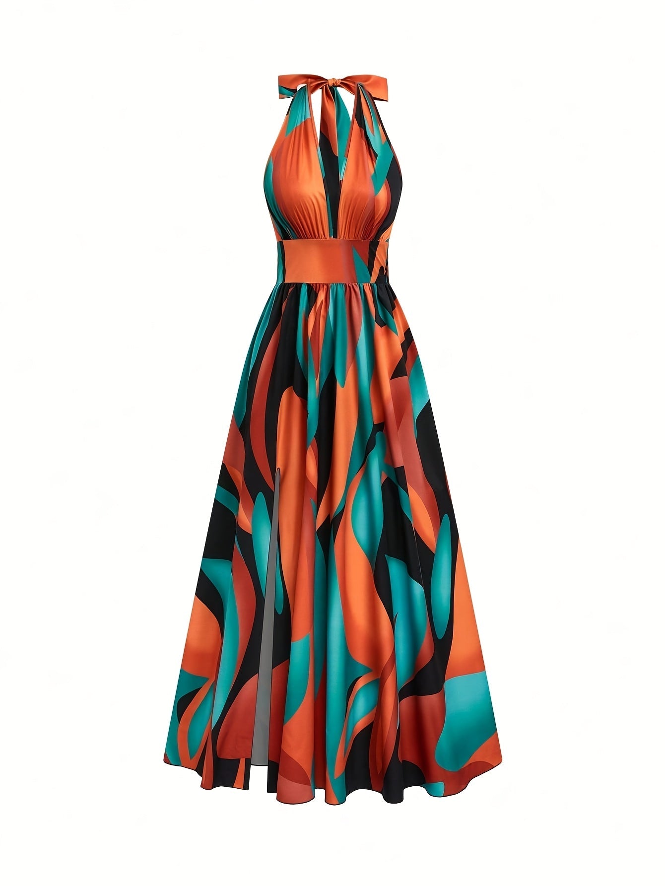 Vestido largo con cuello halter y estampado abstracto para mujer-Maxi Dress-Casaluzia