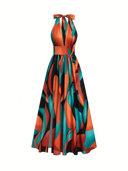 Vestido largo con cuello halter y estampado abstracto para mujer-Maxi Dress-Casaluzia
