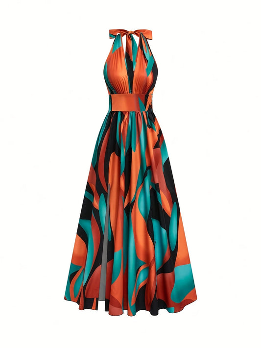 Vestido largo con cuello halter y estampado abstracto para mujer-Maxi Dress-Casaluzia