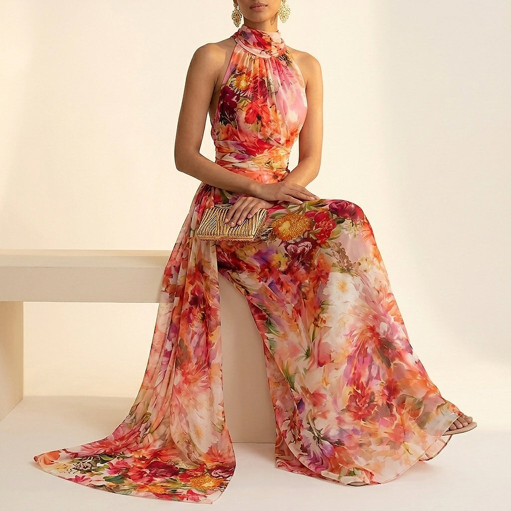Vestido largo con cuello halter y estampado floral para mujer-Maxi Dress-Casaluzia