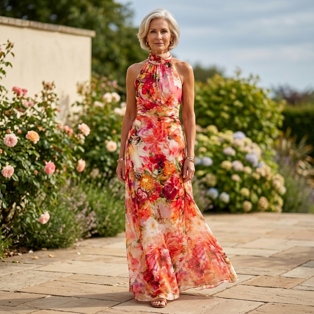Vestido largo con cuello halter y estampado floral para mujer-Maxi Dress-Casaluzia