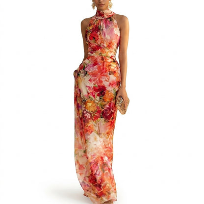 Vestido largo con cuello halter y estampado floral para mujer-Maxi Dress-Casaluzia