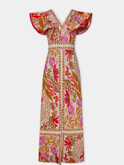 Vestido largo con estampado floral y cuello en V para mujer-Maxi dresses-Casaluzia