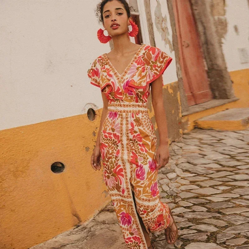 Vestido largo con estampado floral y cuello en V para mujer-Maxi dresses-Casaluzia