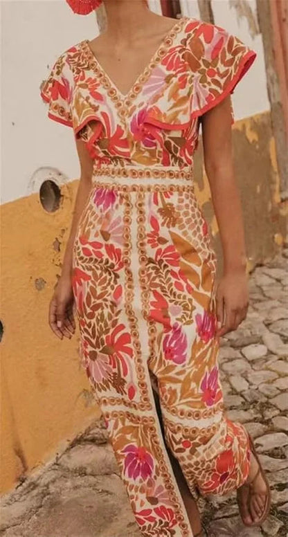 Vestido largo con estampado floral y cuello en V para mujer-Maxi dresses-Casaluzia