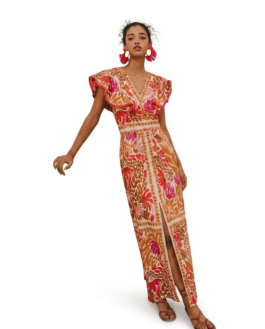 Vestido largo con estampado floral y cuello en V para mujer-Maxi dresses-Casaluzia